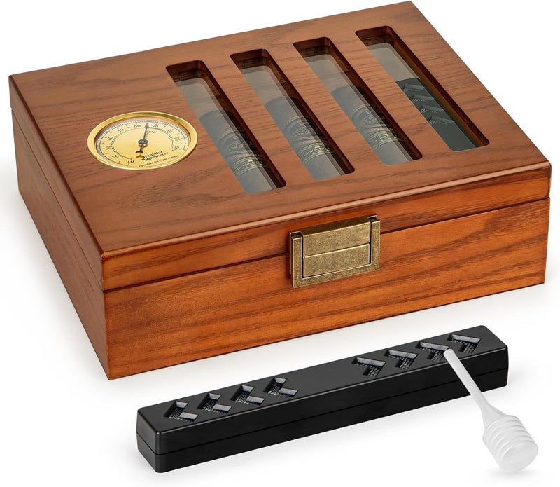 SEMKONT Cigar Humidor, Antique Locking Cedar Wood Desktop Cigar Case, Strip View Window Glass Top Cigar Storage Case,with Humidifier and Hygrometer,Hold 20-25 Cigars - Image 1